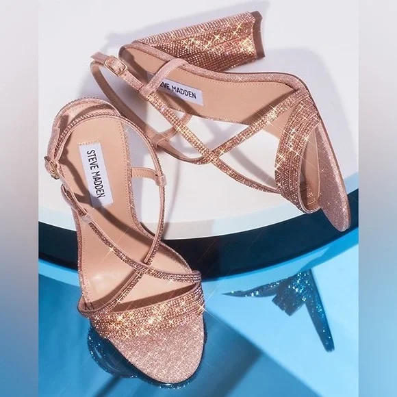 Steve Madden David’s Bridal Shirah Crystal Block Heels Size 5.5 Pink Rose Gold - Picture 10 of 10